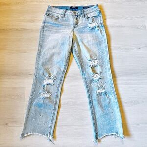 Nine West Chrystie Capri Distressed Pearl Embellished Light Wash Jeans Size 27